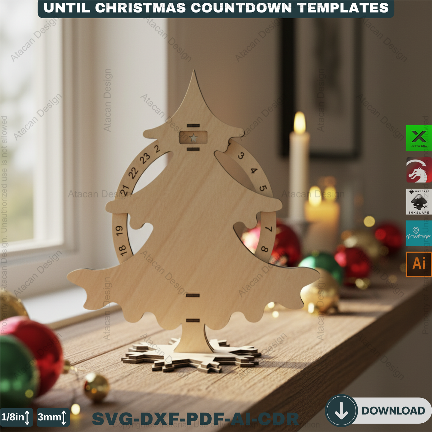 Christmas Tree Advent Calendar Laser Cut Template Bundle Wooden Countdown Stand Glowforge Xtool Files 915