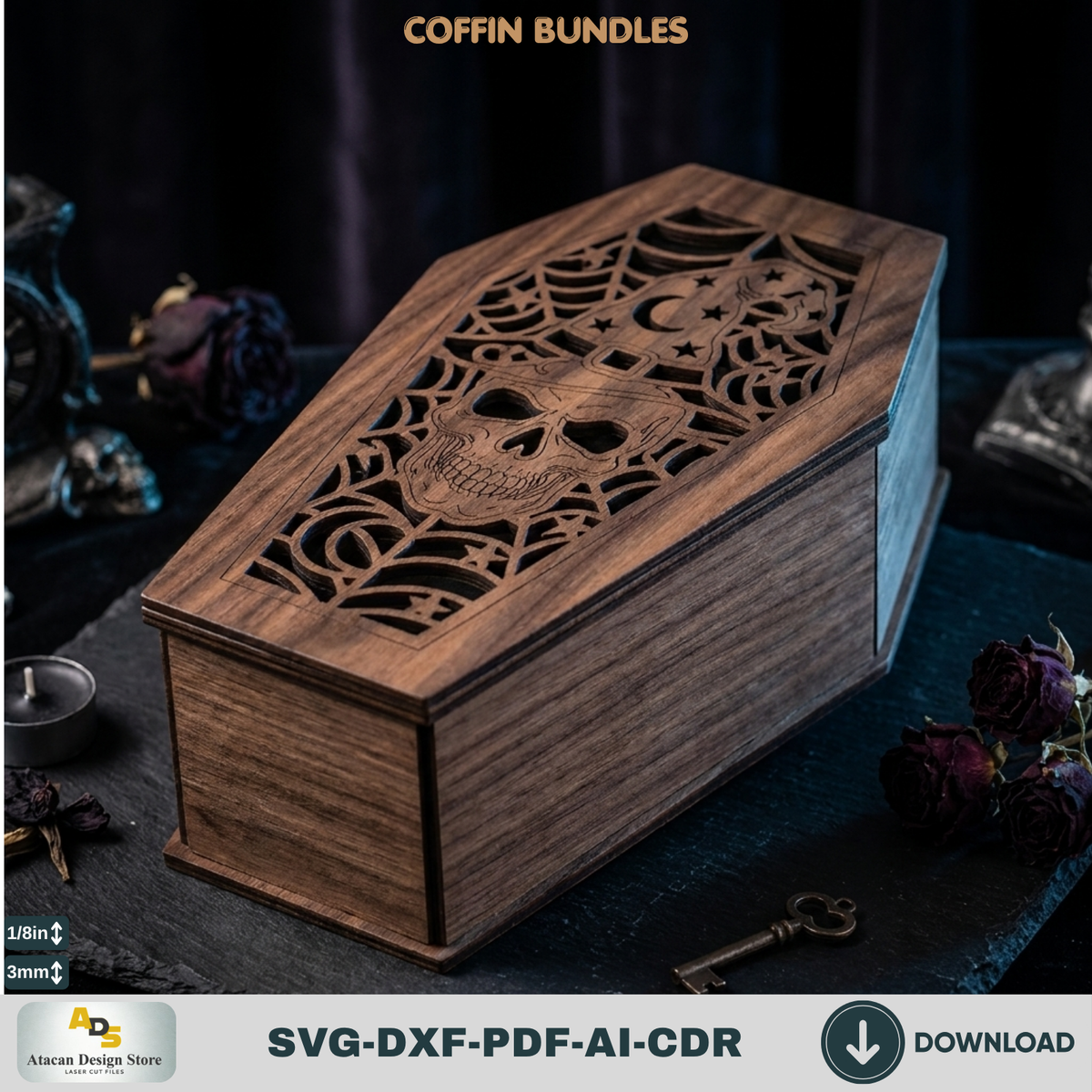 Gothic Coffin Box Laser Cut Bundle, Halloween Wooden Keepsake Casket Template, Spooky Trick or Treat 979