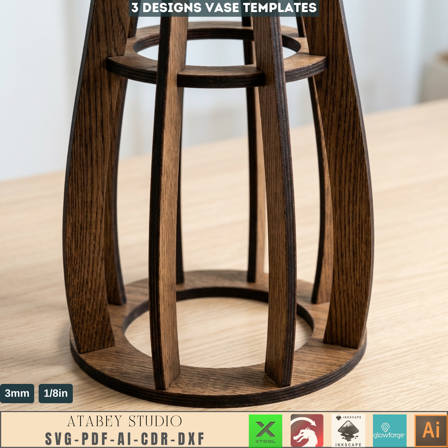 Wooden Vase Templates Set of 3 Slat Vase Designs Minimalist Table Decor Flower Stands 1002