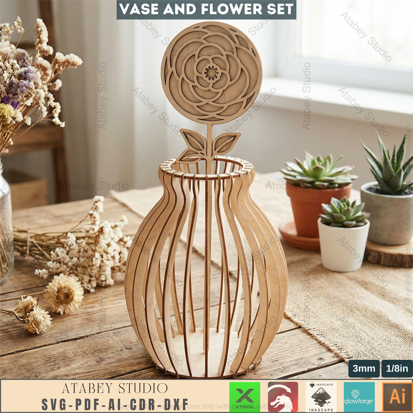 Laser Cut Wooden Vase with Flowers SVG Bundle - 5 Elegant Vases & 6 Wildflower Designs, 3D Layered Floral Table Decor 984