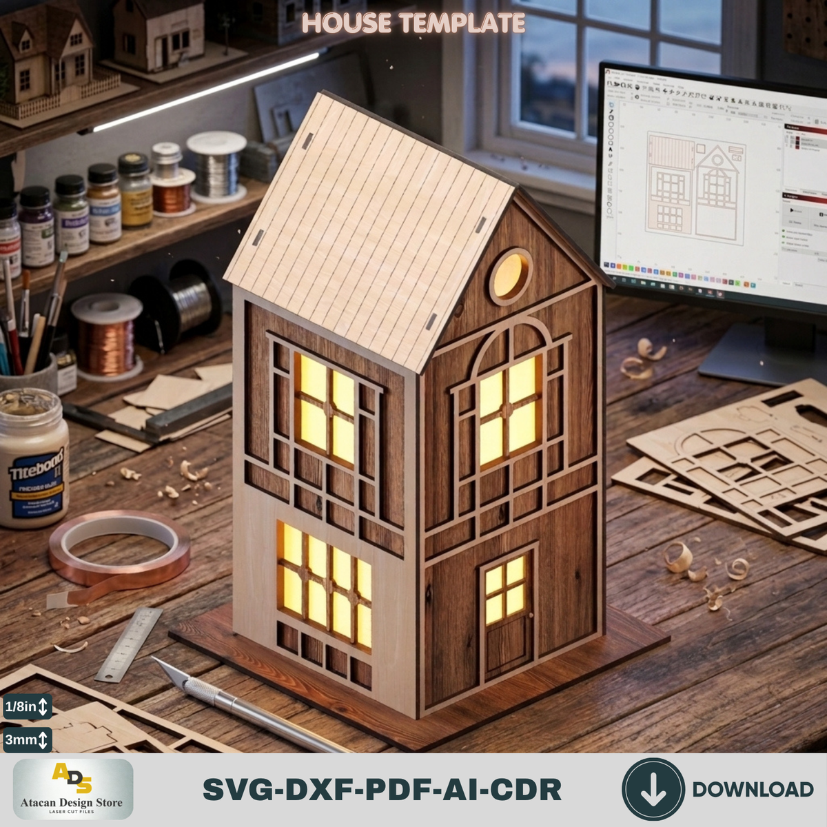 DIY Wooden House Luminary Template | Laser Cut Miniature Village | Table Lamp Design 885