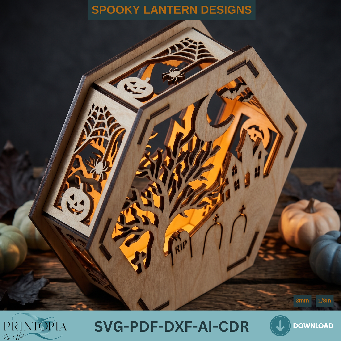 Halloween Lantern Laser Cut Files Bundle for Wooden Tealight Candle Holder Spooky Decor Template