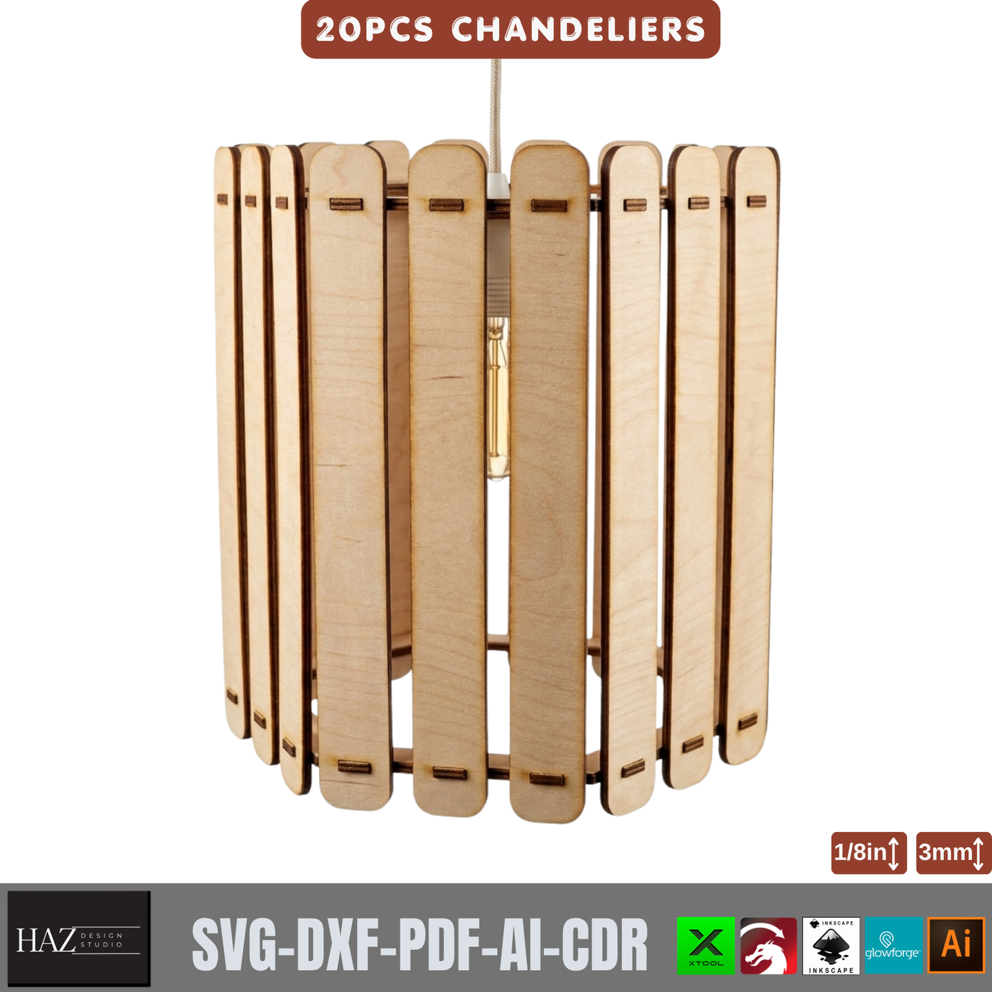 20 Piece Wooden Chandelier Pendant Lamp Laser Cut SVG Template Set Plywood 566
