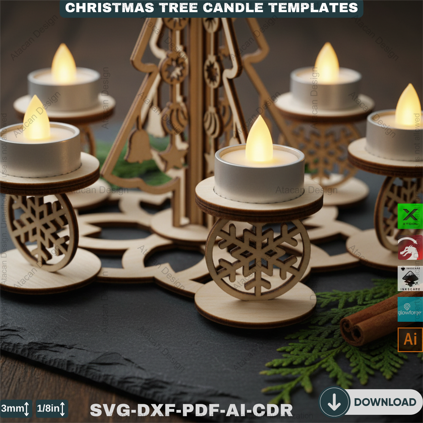 Festive Christmas Tree Tea Light Holder Laser Cut Digital Template, Holiday Advent Wreath Candle Stand, New Year Snowflake Tealight Decor 911