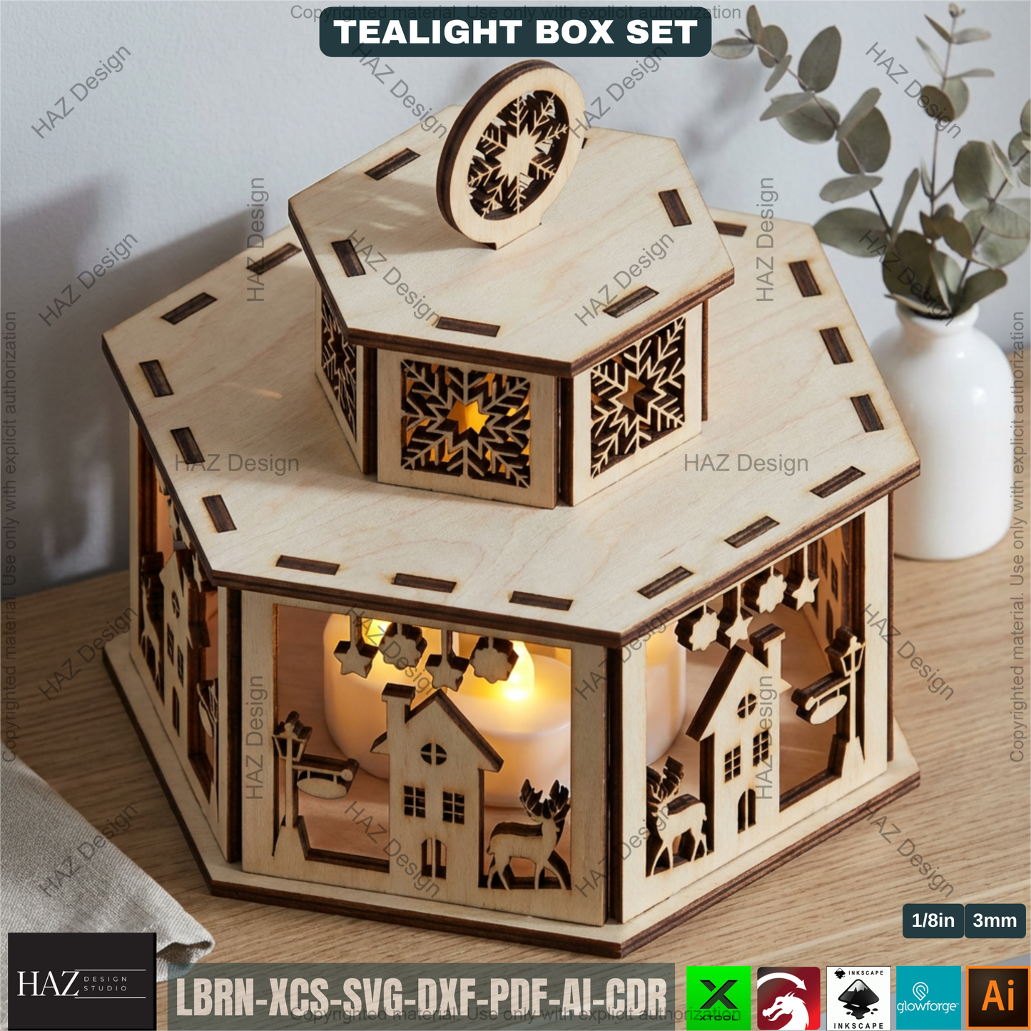 Festive Tealight Lanterns  – Christmas Candle Holder with Lid - Laser Cut Tabletop Decor - Tealight Box Lights 504