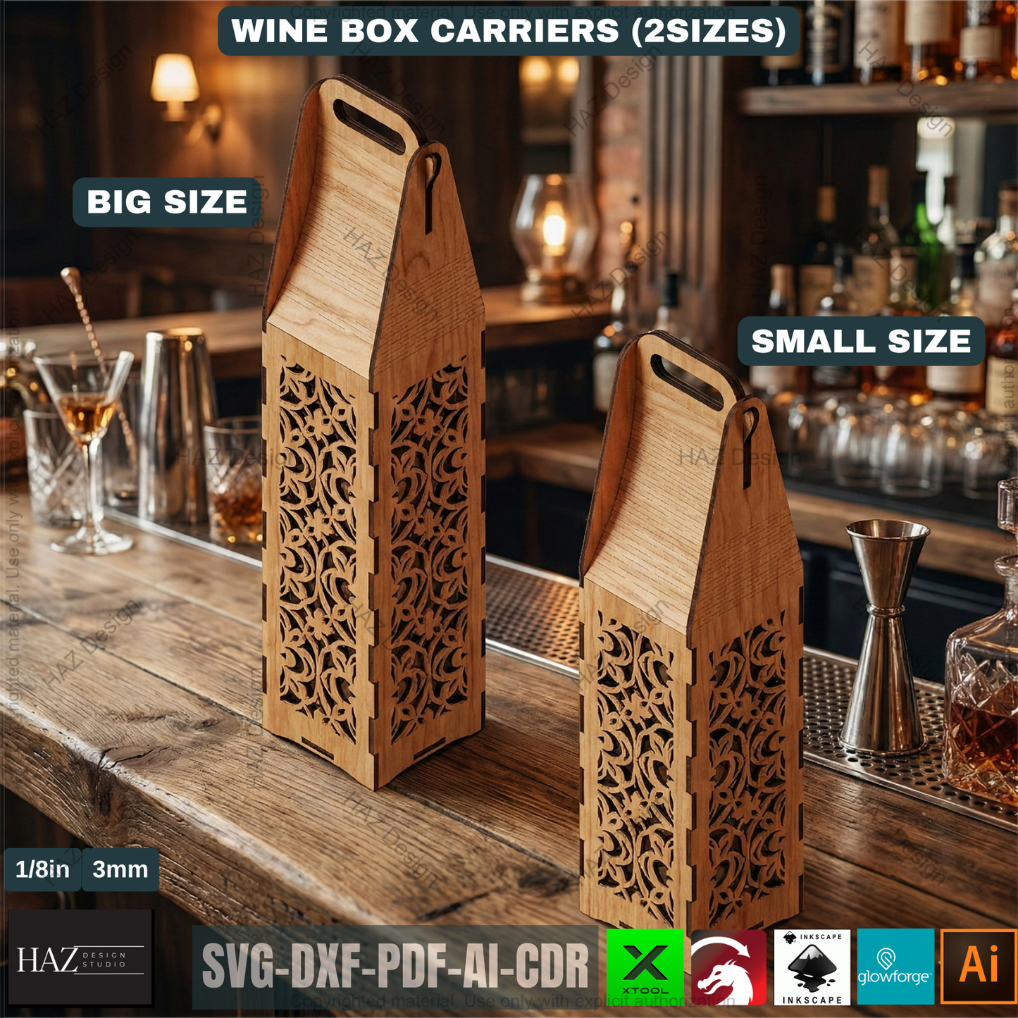 Laser Cut Wine Bottle Gift Box Carrier Bundle Wooden Wine Holder Laser Cut Pattern Gift Box 515