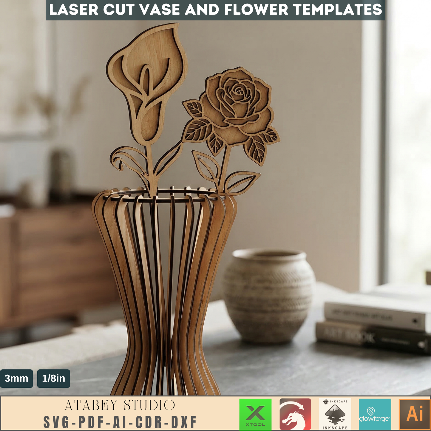 Vases and Wildflower Templates, Layered Floral Table Decor Cutting Files, Wood Flower Bouquet 998