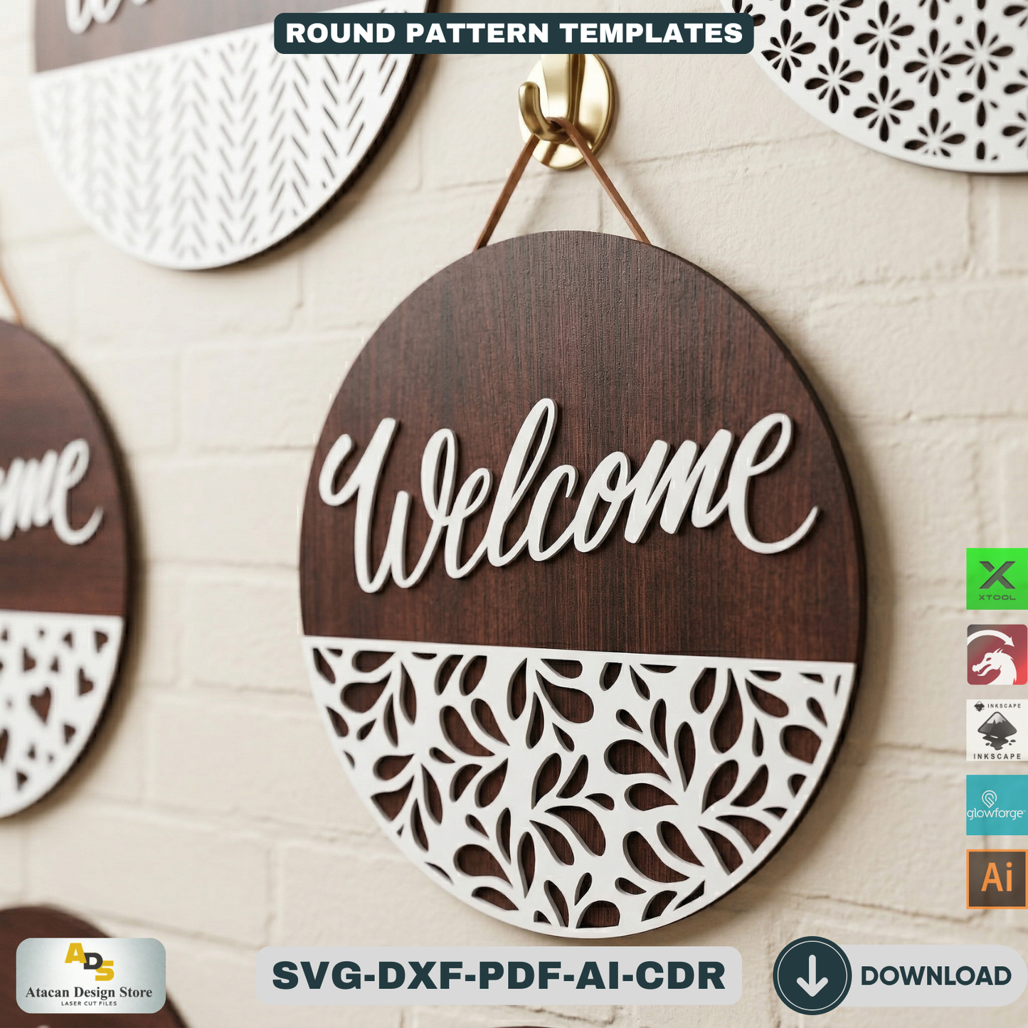 Door sign with patterns / Glowforge laser cut files / Door hanger Templates ADS115