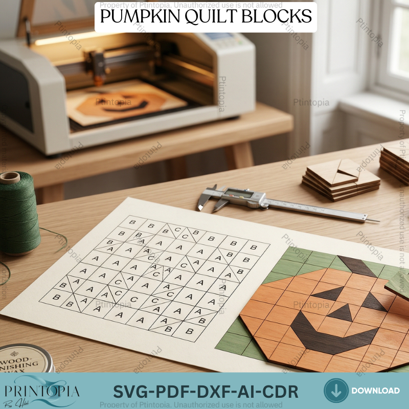 Rustic Halloween Pumpkin Barn Quilt Block LaserCut Template Wood Mosaic Wall Art Pattern 339