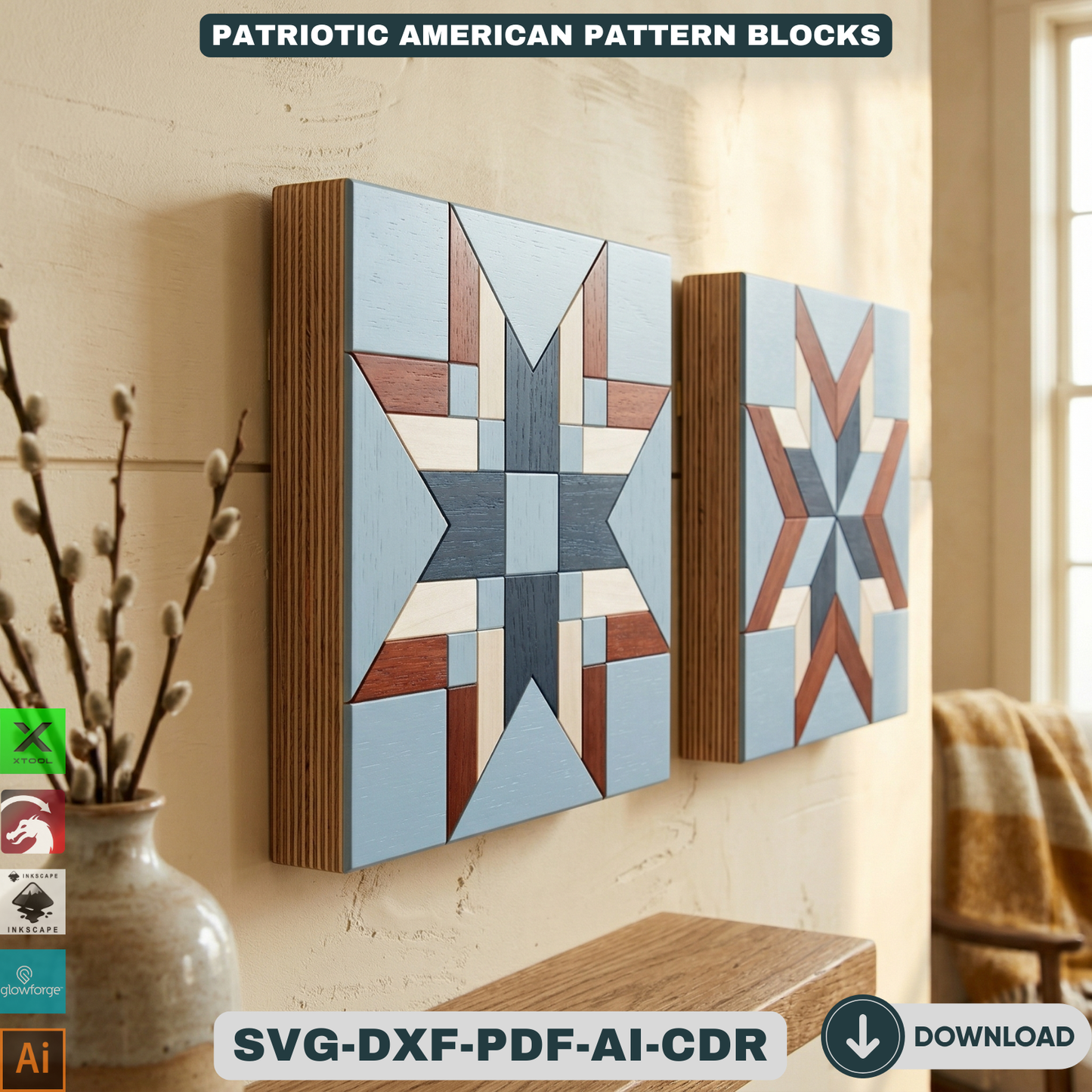 Patriotic American Barn Quilt Wall Decor Fourth of July Wooden Sign Geometric Star Block Patterns 943