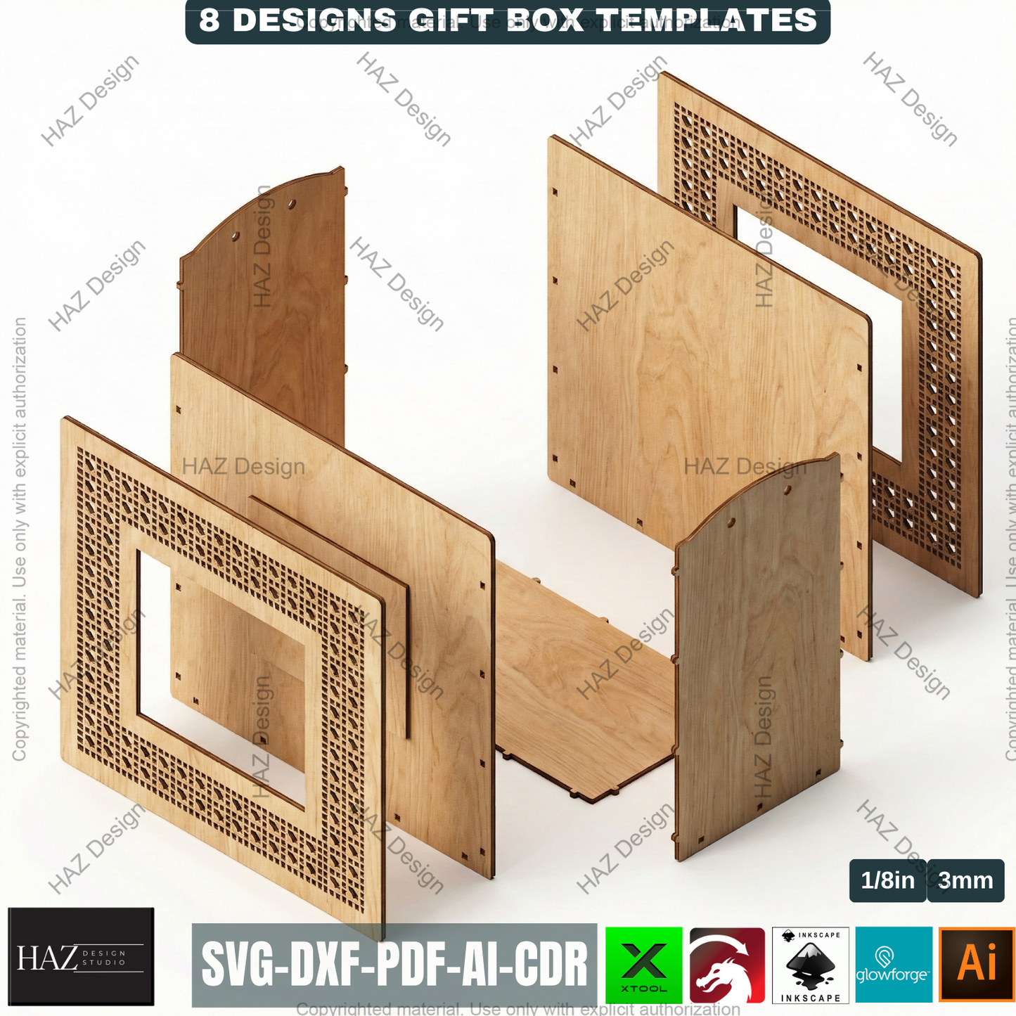 8 Laser Cut Gift Box Templates, Wooden Storage Crate Pattern, Decorative Plywood Basket, DIY Wedding Hamper, Laser Ready Cut Files 511