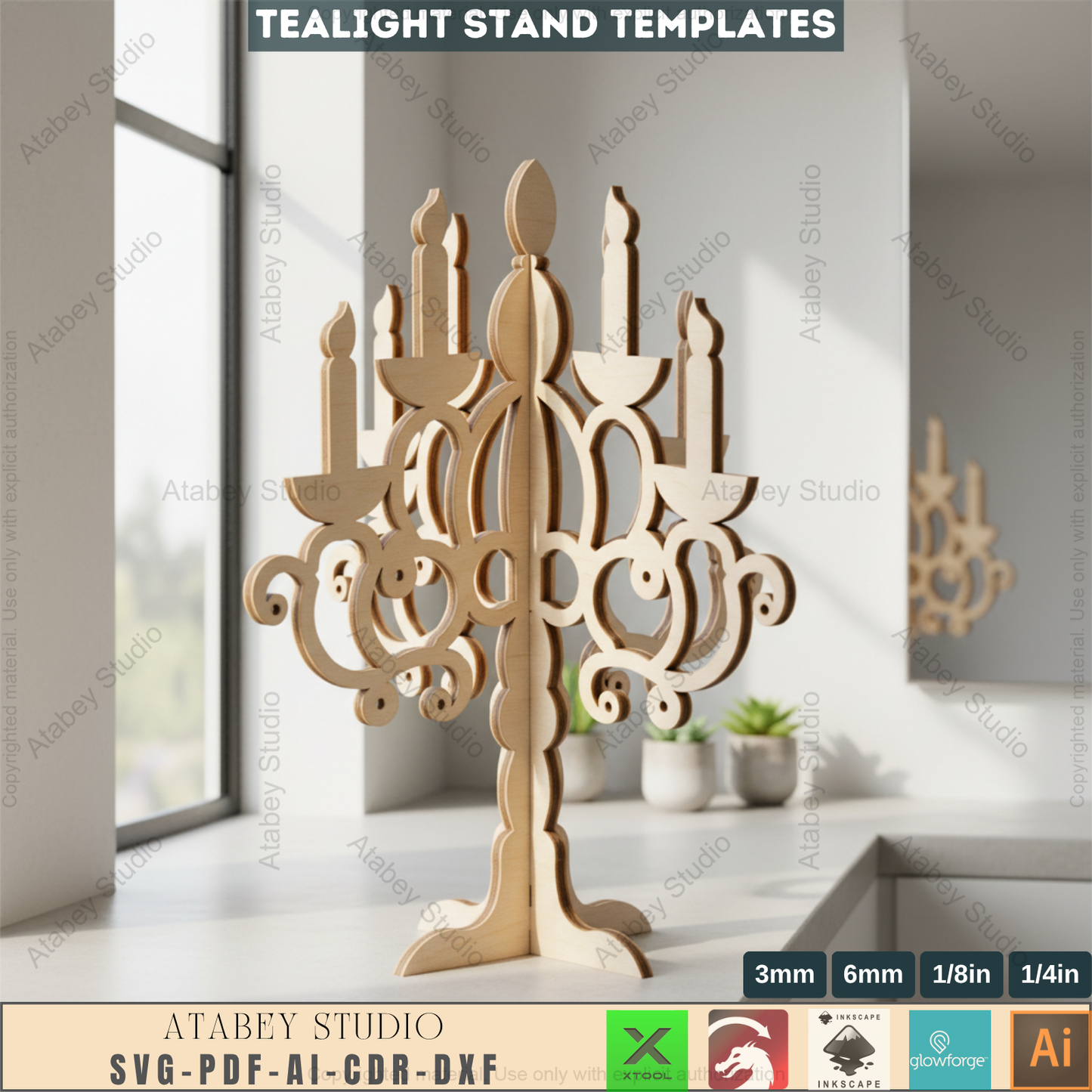 Ornate Candelabra Laser Cut File, Set of 3 Tealight Holder Templates, Wooden Candlestick Pattern, Elegant Table Decor, Glowforge Ready 967