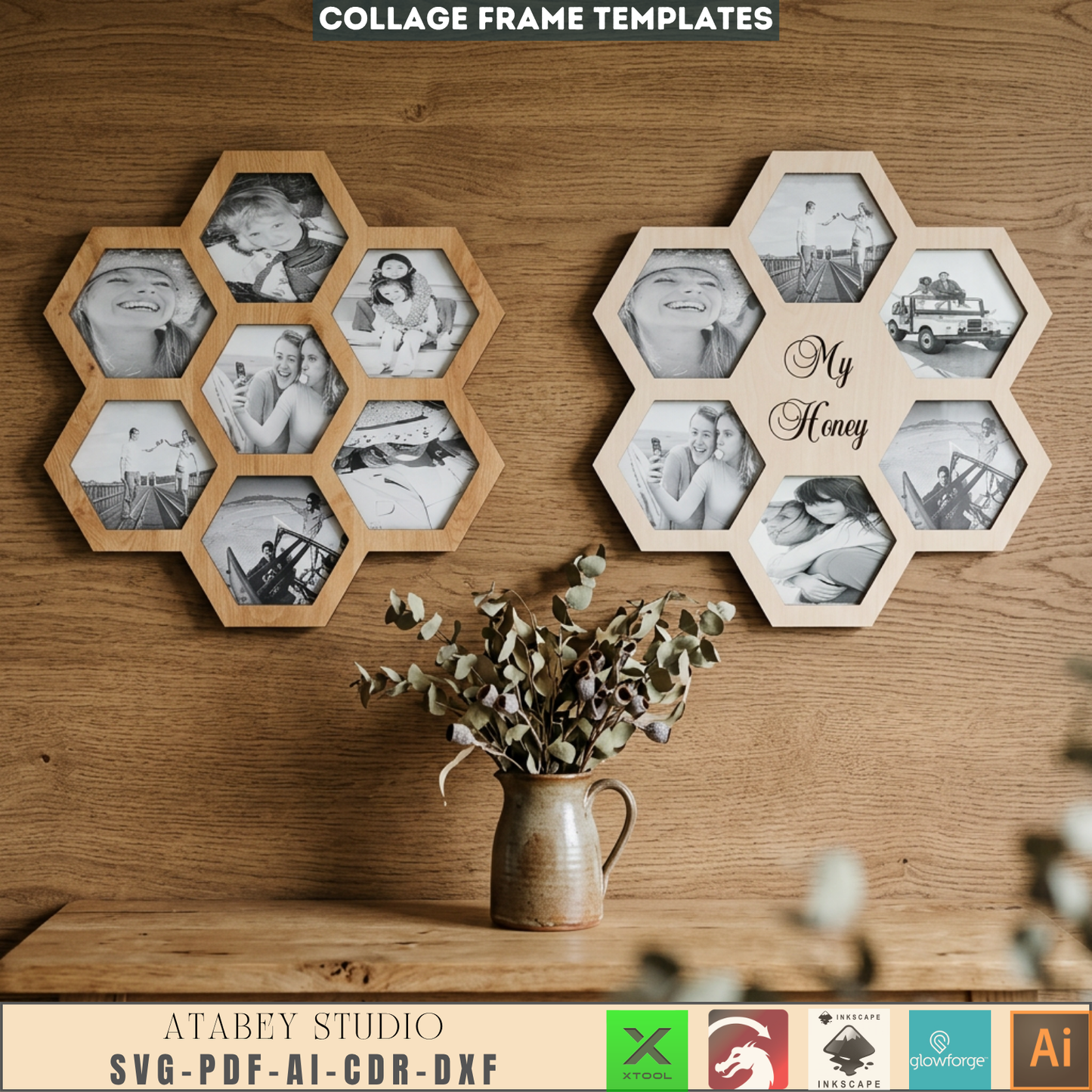 Honey comb Multi Picture Frame Collage svg file, Honey Family Friends Collage