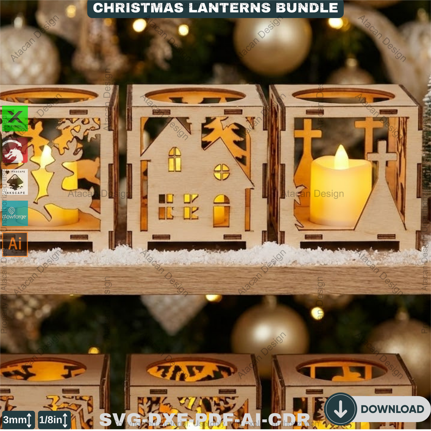 Christmas Lantern Laser Cut Bundle, Wooden Tealight Holder, Xmas Candle Box, Winter Decor, Reindeer Snowman Template 927