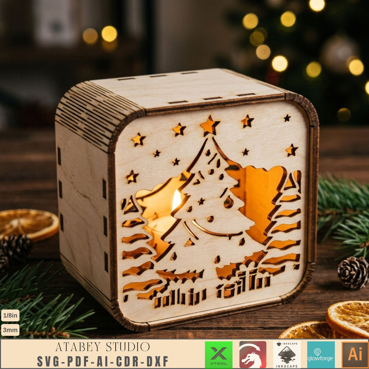 Wooden Christmas Shadow Box Lantern, Reindeer Santa Sleigh Candle Box Plans, Xmas Mantel Laser File