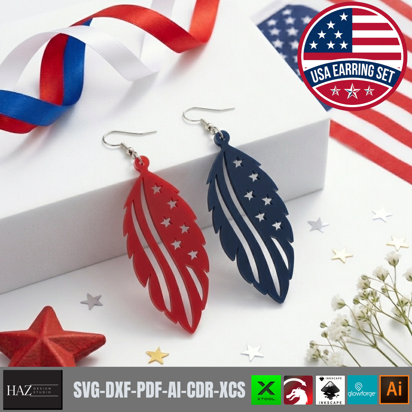 Patriotic Earring SVG Bundle, 4th of July Laser Cut Templates, USA Flag Acrylic Jewelry