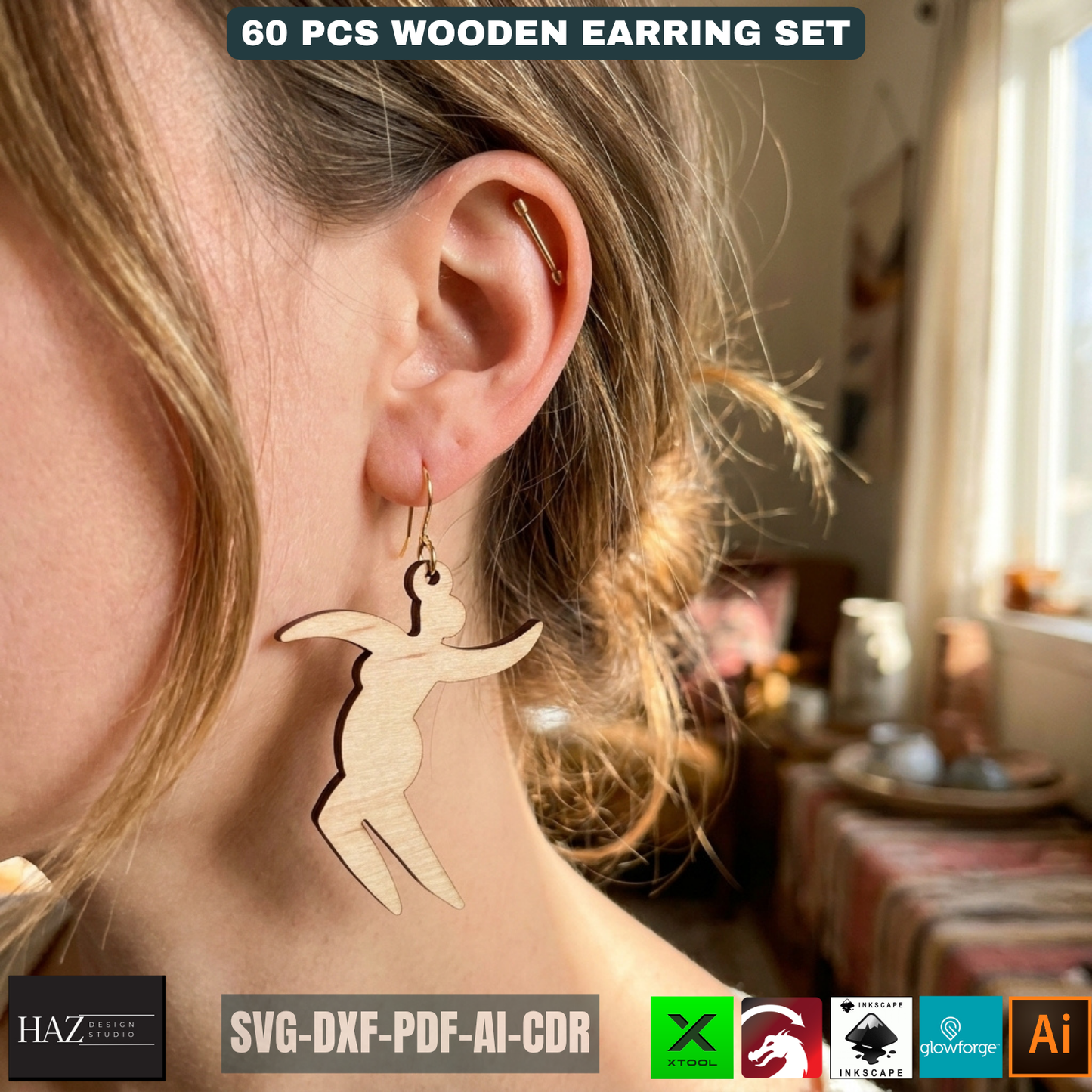 60 Wooden Earring Laser Cut Files SVG Bundle Jewelry Templates Plywood Jewelry Shapes
