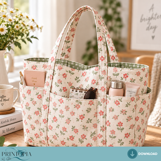 Floral Tote Bag Sewing PDF Pattern Multi Pocket Organizer 4 Sizes Included