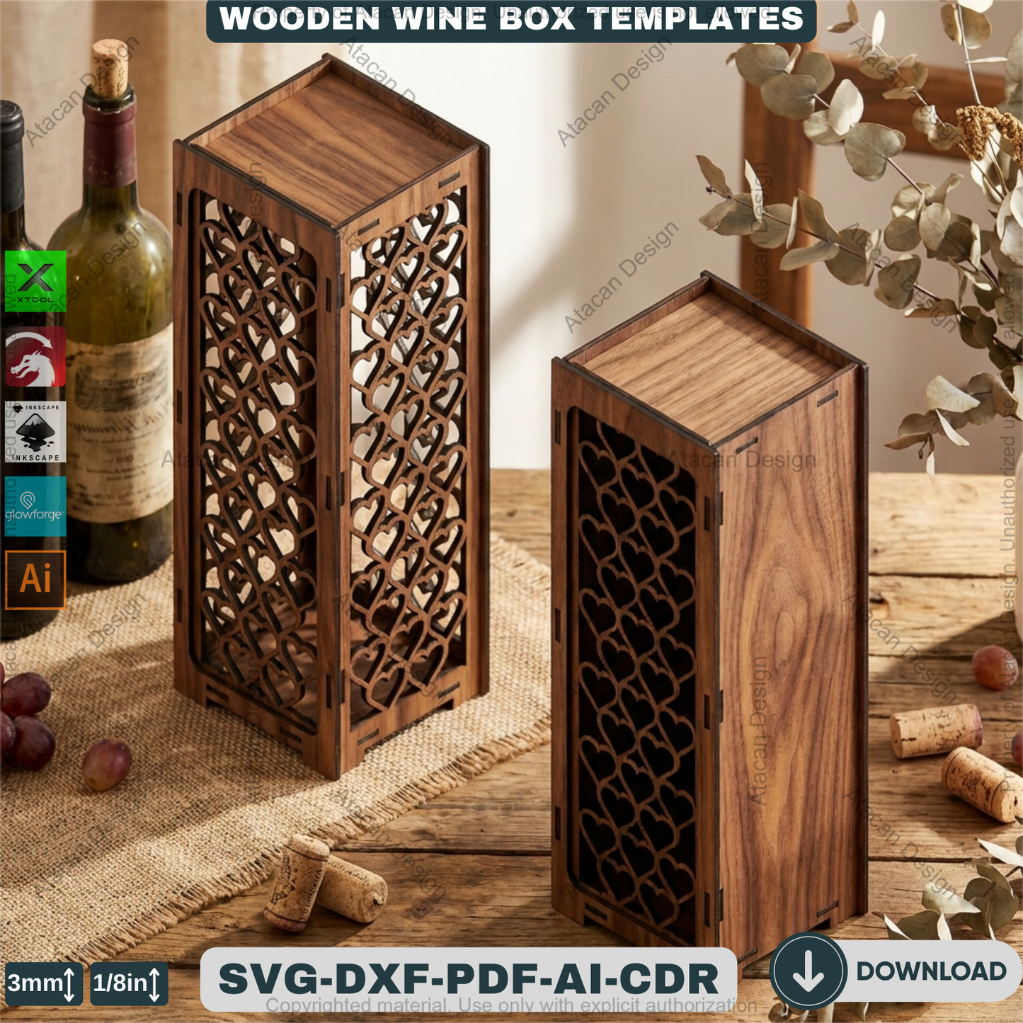 Laser Cut Wine Box Template Bundle, Wooden Bottle Carrier Pattern, Decorative Gift Holder Plan, CNC Cutting Design, Wedding Gift Box Project 935
