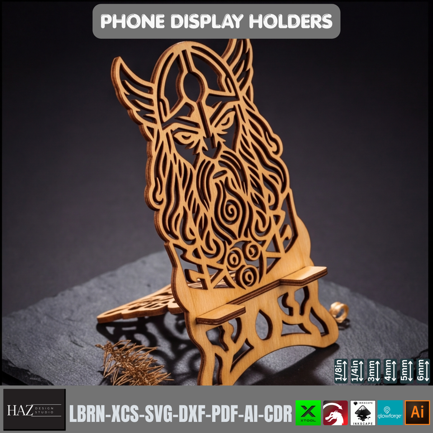 Laser Cut Viking Phone Stand Wooden Desk Organizer Template SVG File