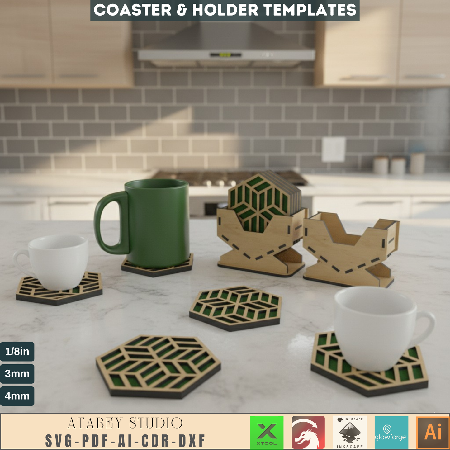 Laser Cut Coaster & Holder SVG Bundle for Home Decor, Hexagon Geometric Drink Coasters with Storage Rack Digital Files 552