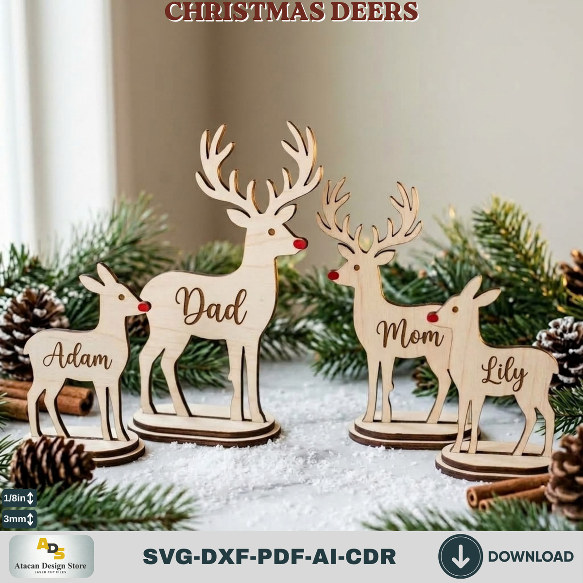 Wooden Deer Laser Cut Bundle – 3 Freestanding Reindeer Designs 983