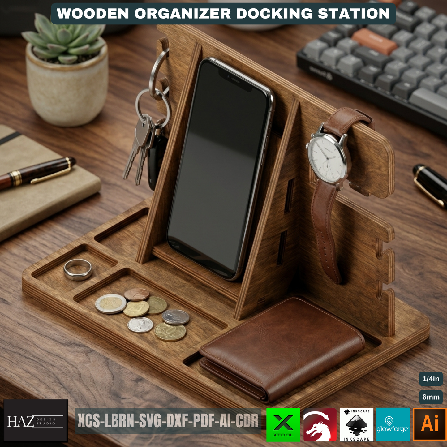 Wooden Docking Station Desk Organizer Phone Stand Men's Gift Bedside Organizer Wood Catchall Tray 530