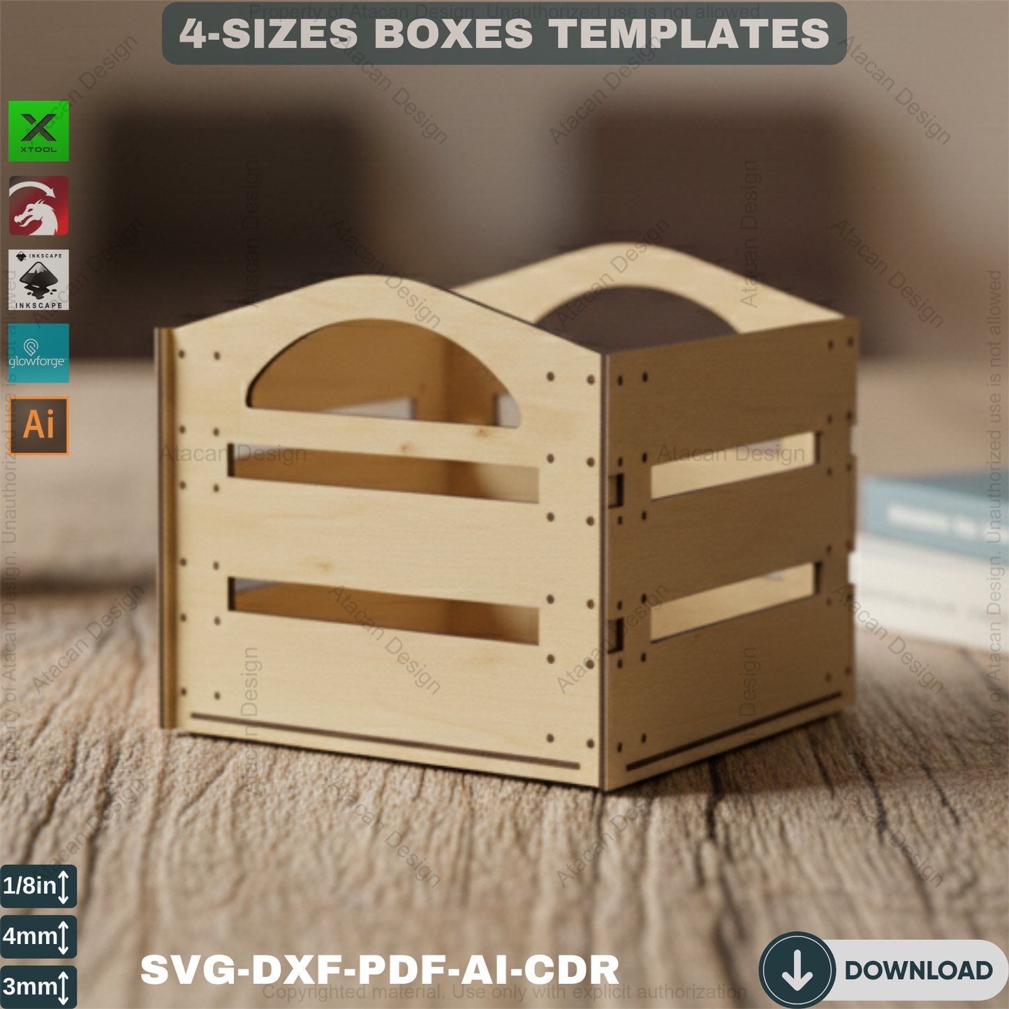 Wooden Laser cut Boxes / Box SVG Templates / Glowforge Box Cut Plans / Boxes With Handles Svg Dxf Ai Cdr Pdf 359
