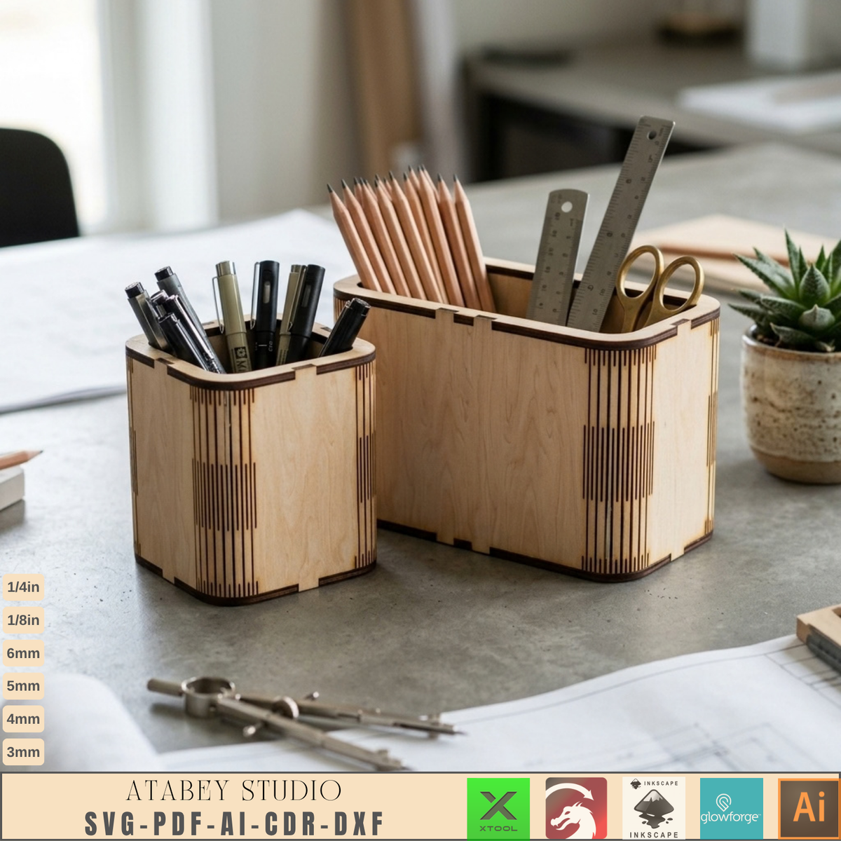 Wooden Desk Organizer Laser Cut Template - DIY Pencil Holder for Home Office 1029