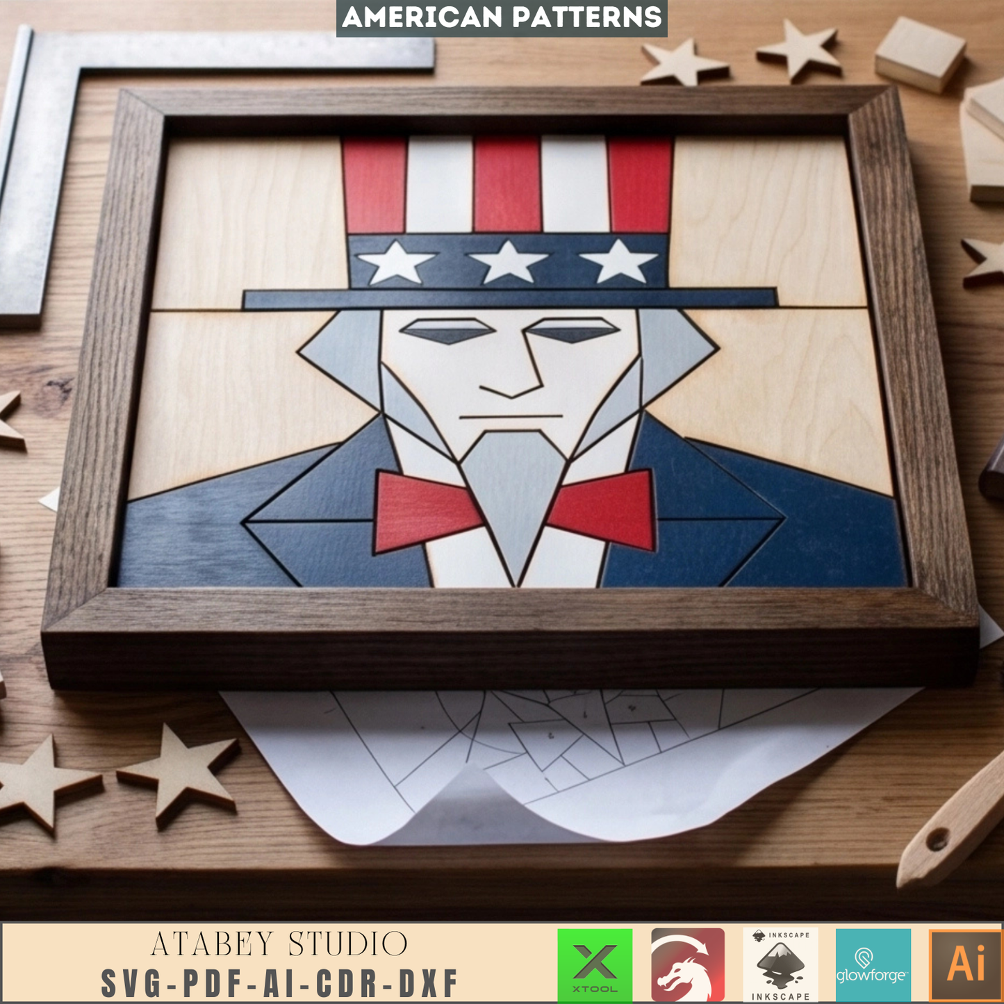 Uncle Sam 4th of July Wood Sign Patriotic Intarsia Pattern Independence Day Decor