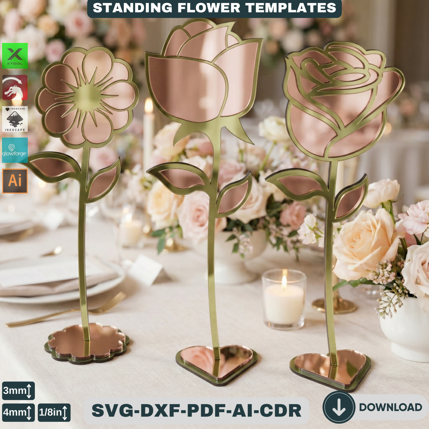 Wooden Stand Flowers Laser Cut Design | Decorative Wildflower Vector for Glowforge,Wildflower Decorative Stand Template 820