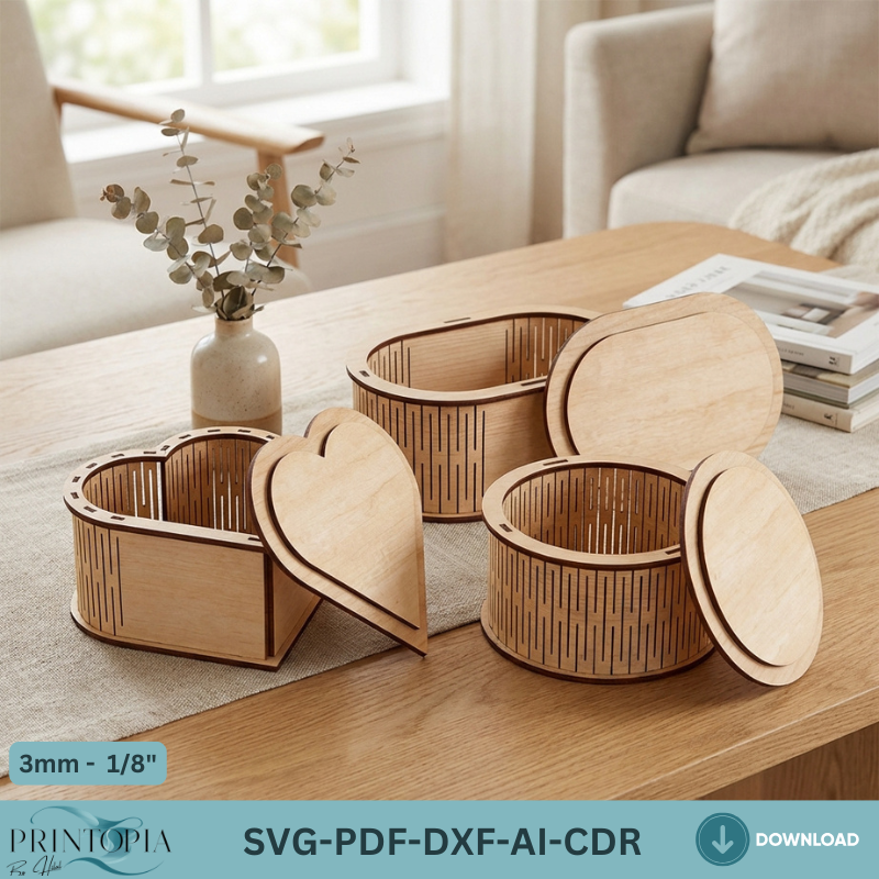 Laser Cut Wooden Box Bundle Heart Oval Round Living Hinge Gift Box Cutting Plans 331