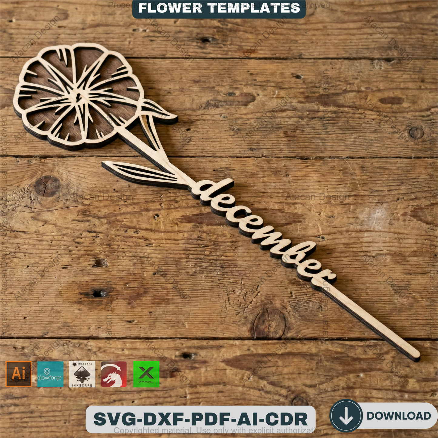 Birth Month Flower Laser Cut Bundle Wooden Floral Stakes Bouquet Topper Designs Personalised Mother Day Gift Laser Ready Templates 932