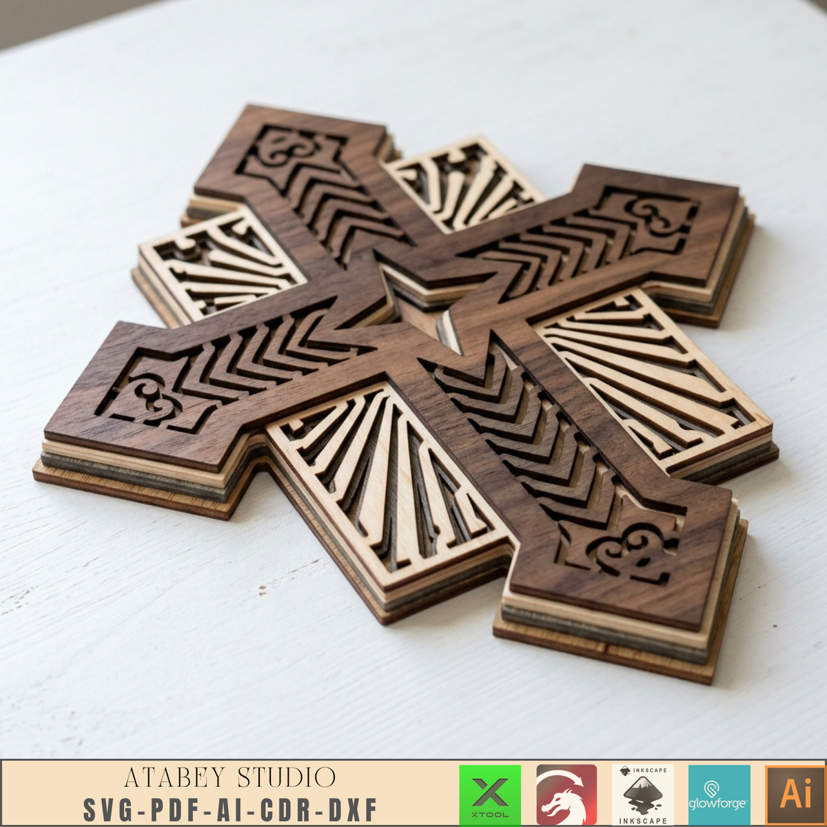 Layered Wooden Cross Laser Cut File Christian Wall Art Nativity Church Decor Vector Pattern