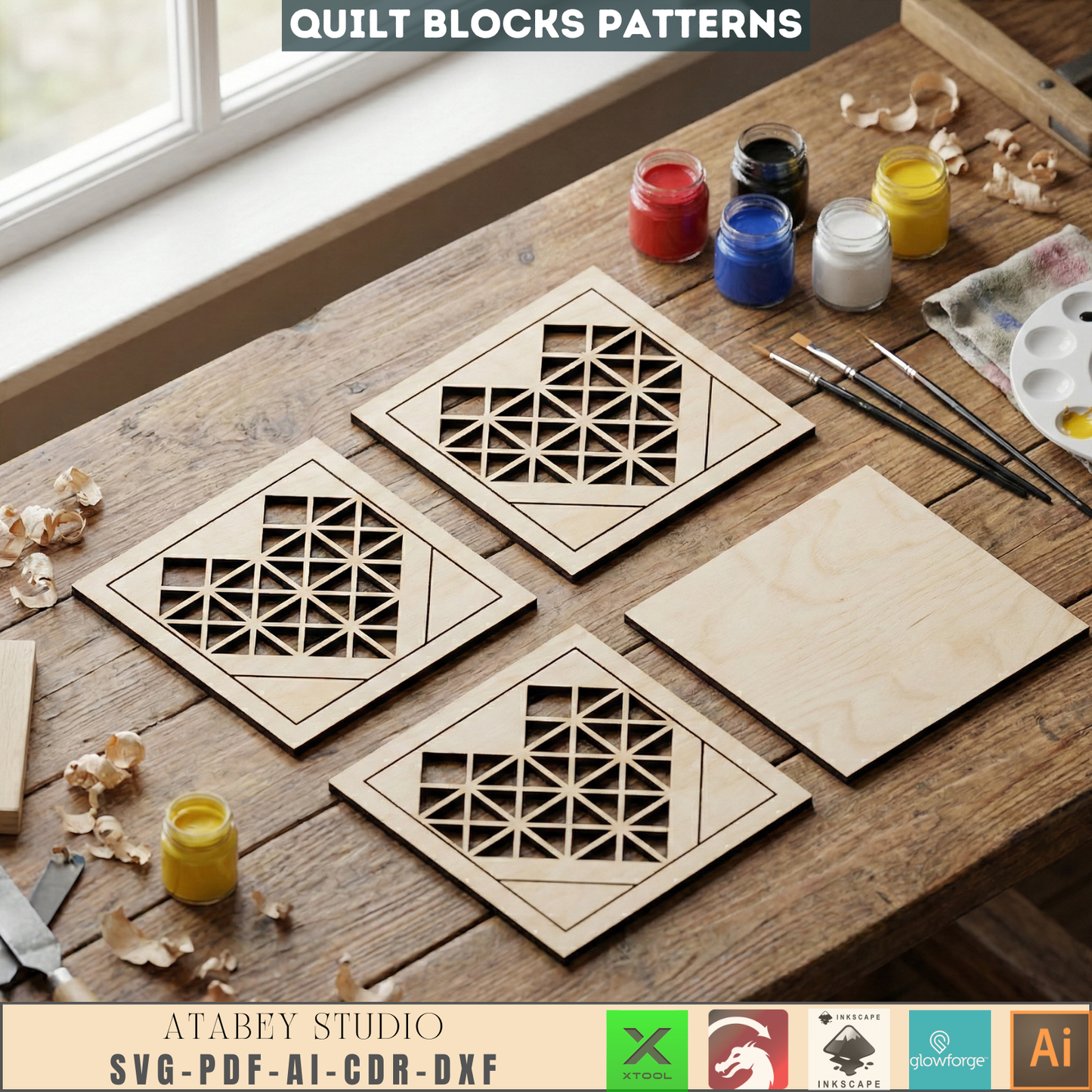 Geometric Quilt Block Wall Art Laser Cut Design Modern Farmhouse Wood Heart Butterfly Potted Flower 988