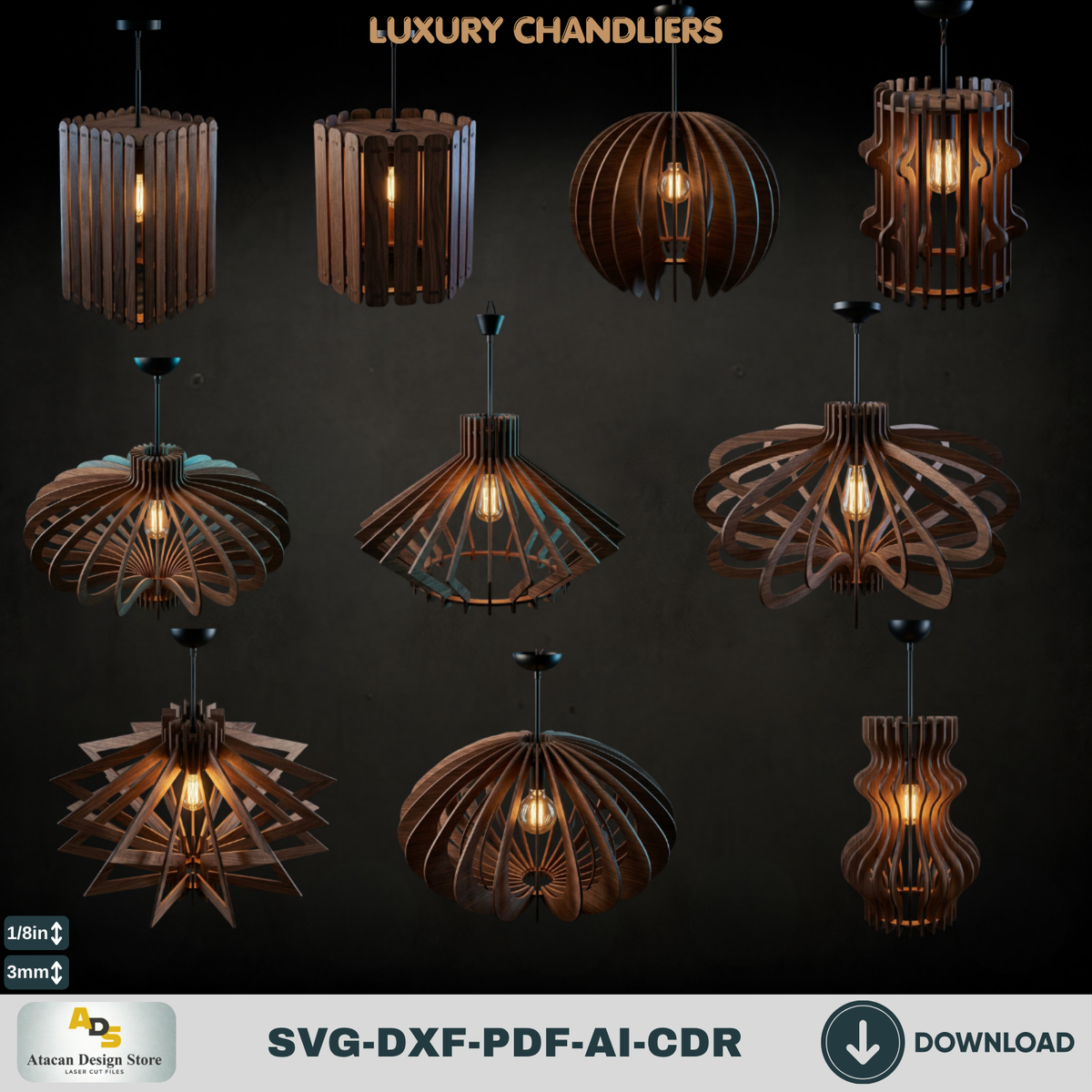 10 Luxury Wood Chandelier Pendant Lamp Laser Cut Templates Plywood Lampshade