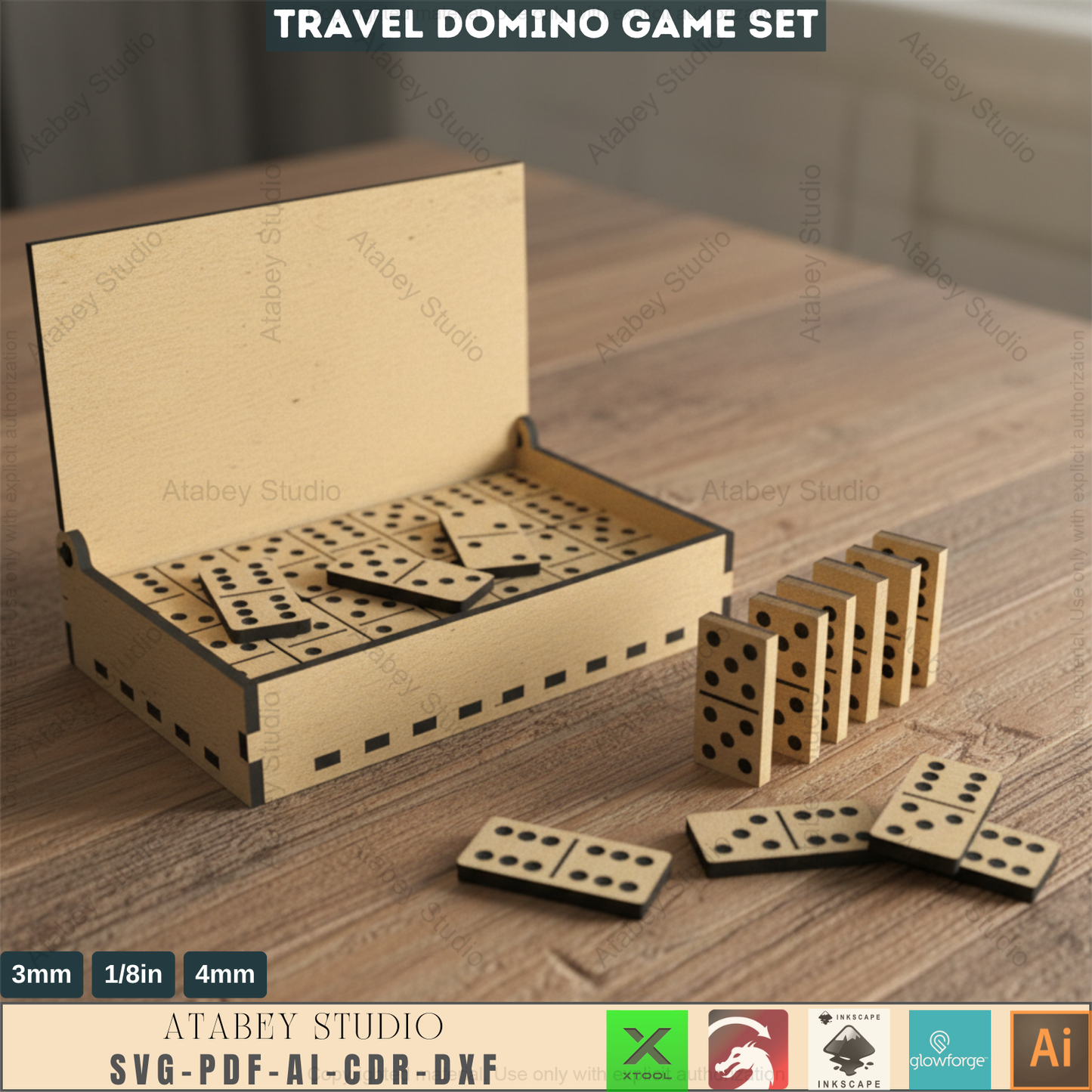 Portable Travel Domino Board Game Set / Laser Cut Dominoes Box  / Wood DIY Box for Puzzle SVG, DXF Ai Cdr 553