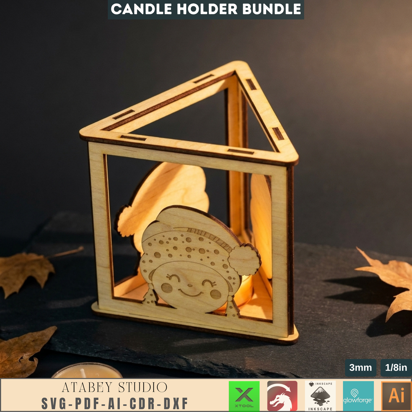Christmas Tealight Holder Bundle Laser Cut Files, Cute Santa Reindeer Gnome Lanterns, Triangle Candle Box 982