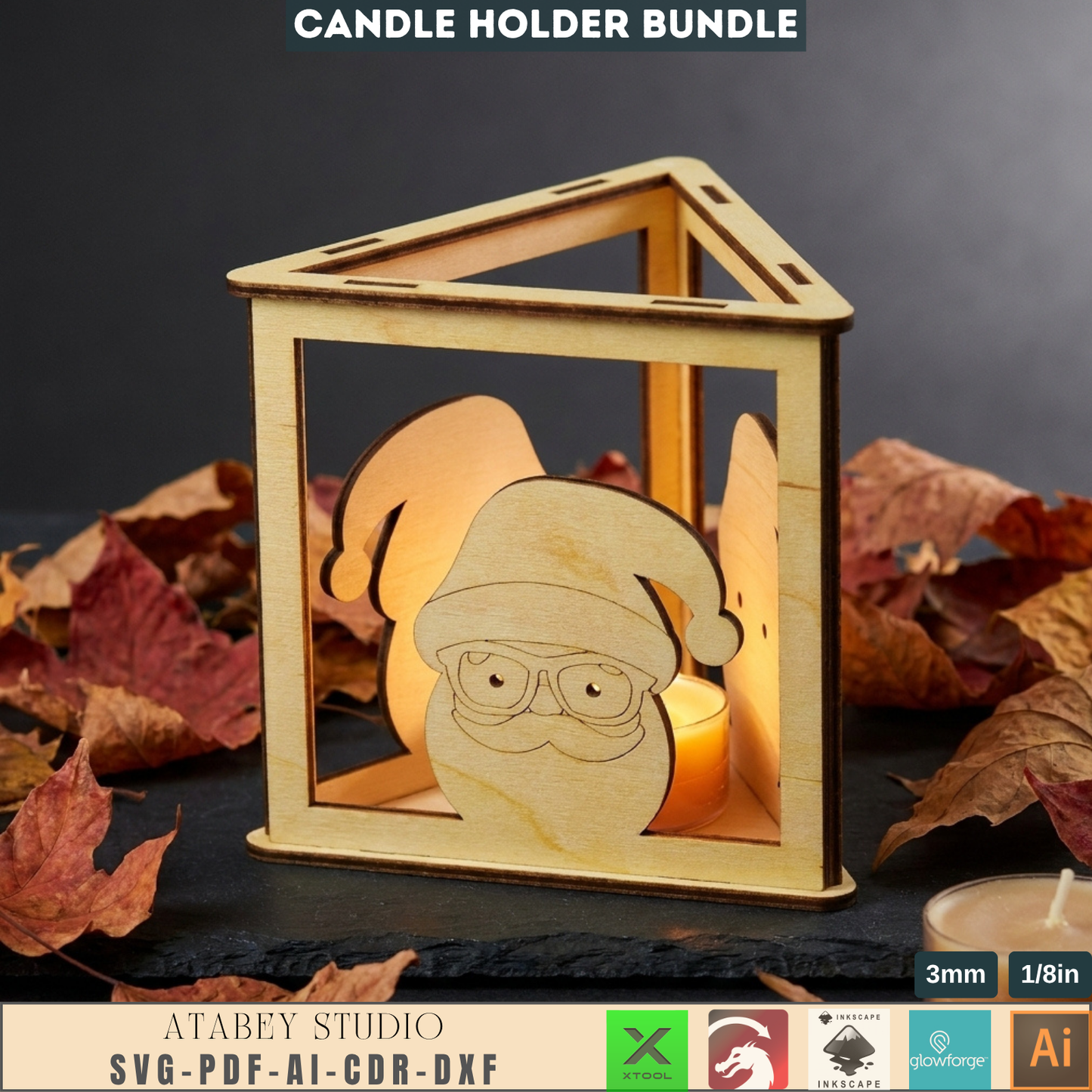 Christmas Tealight Holder Bundle Laser Cut Files, Cute Santa Reindeer Gnome Lanterns, Triangle Candle Box 982