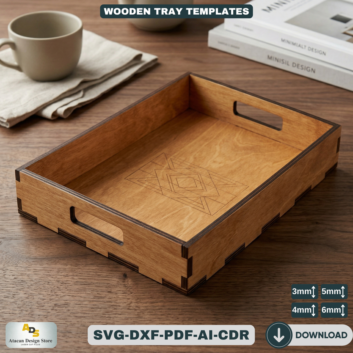 Elegant Flat Wooden Tray Design - Perfect for Coffee, Tea, and More 676