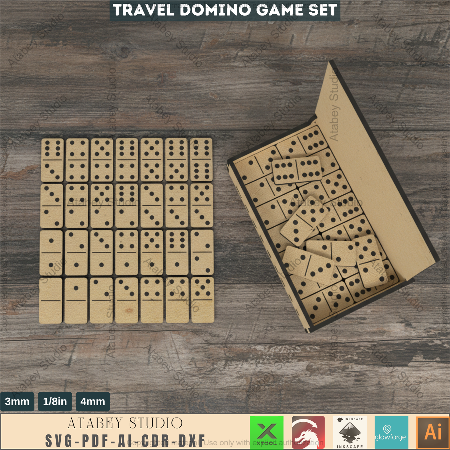 Portable Travel Domino Board Game Set / Laser Cut Dominoes Box  / Wood DIY Box for Puzzle SVG, DXF Ai Cdr 553