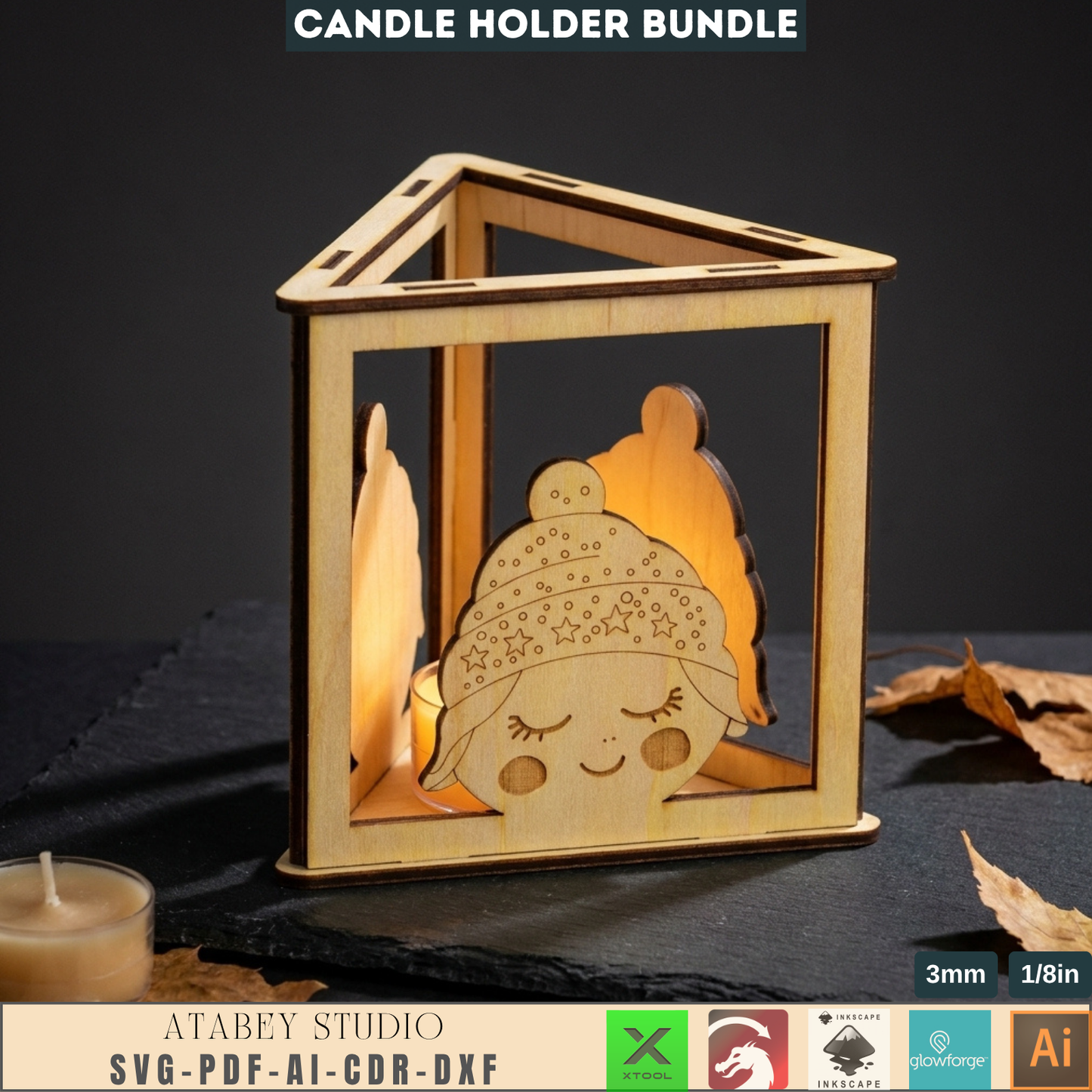 Christmas Tealight Holder Bundle Laser Cut Files, Cute Santa Reindeer Gnome Lanterns, Triangle Candle Box 982