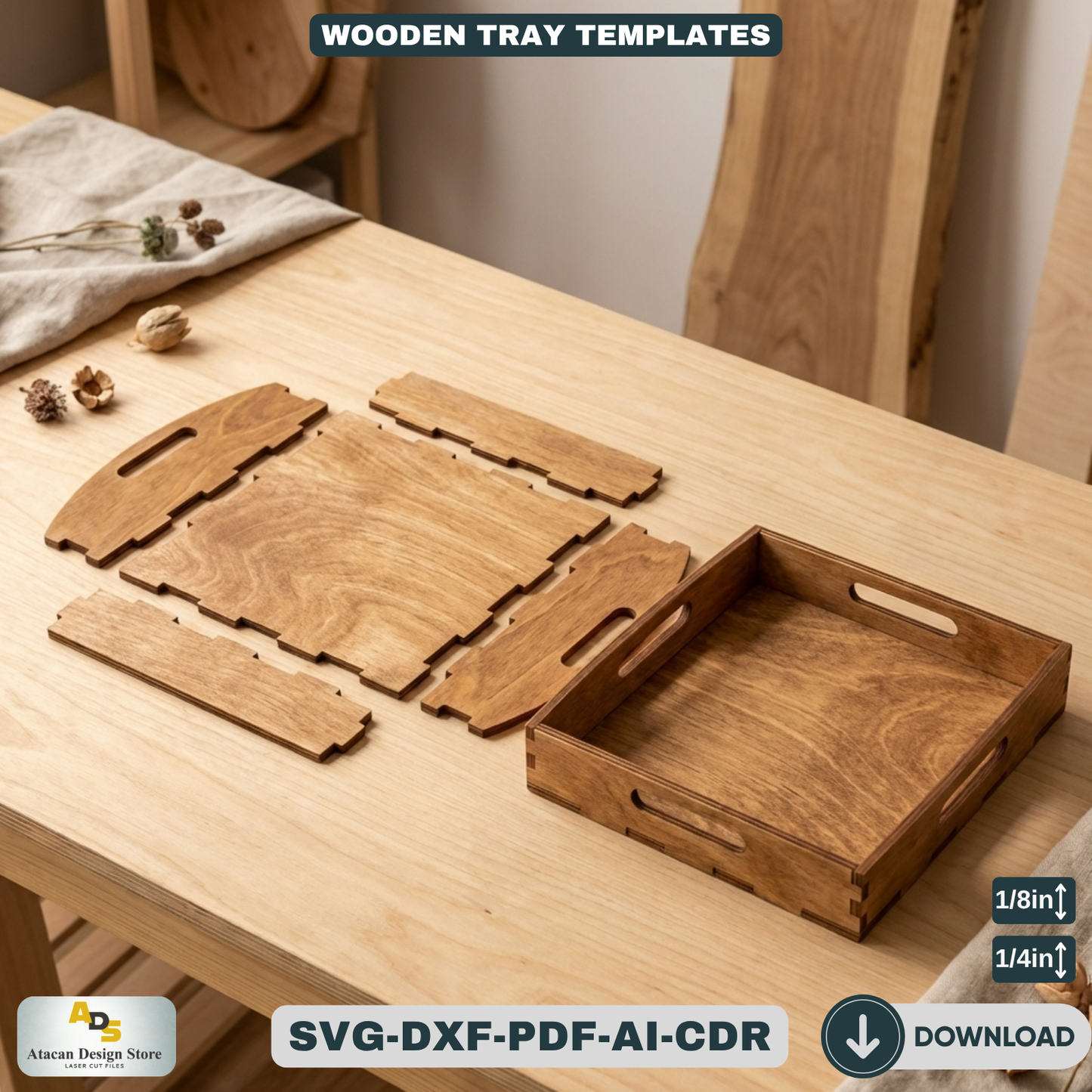 Small Wooden Tray with Handles - DIY Laser Cut Template for Xtool, Glowforge and more 677