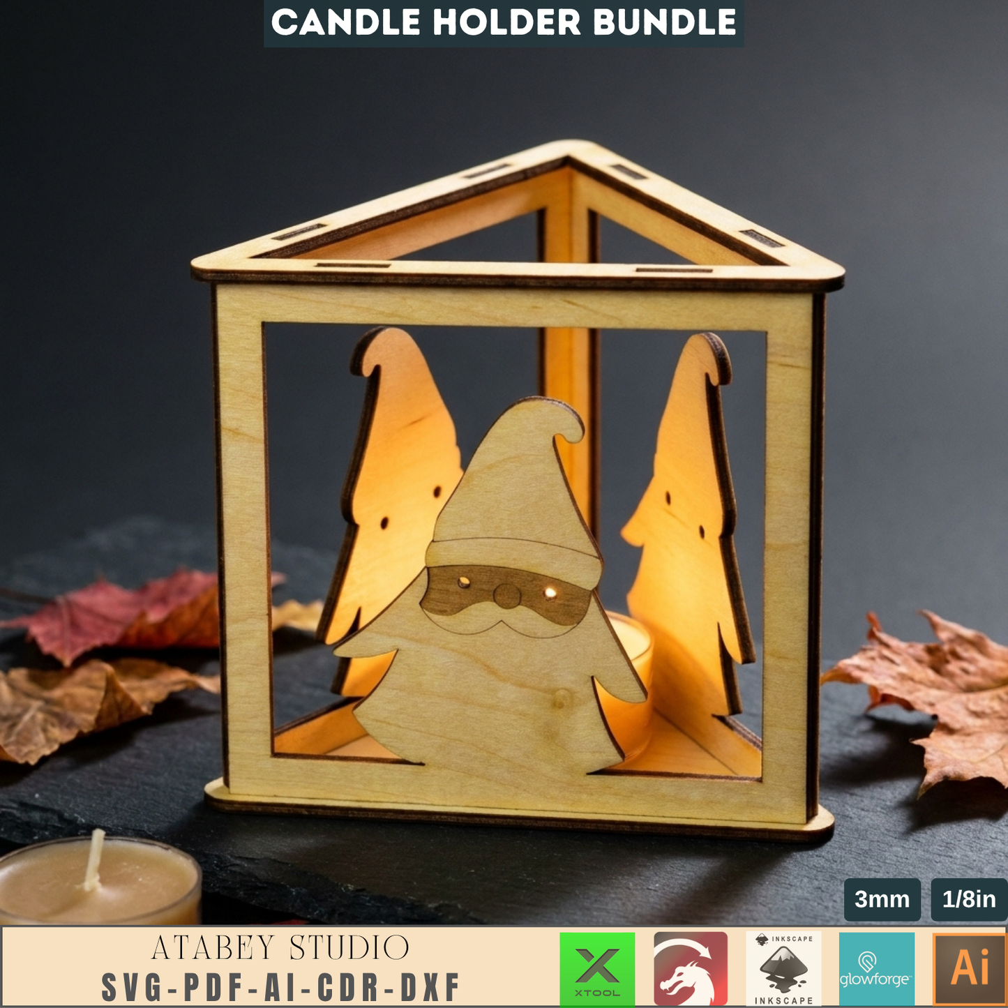 Christmas Tealight Holder Bundle Laser Cut Files, Cute Santa Reindeer Gnome Lanterns, Triangle Candle Box 982
