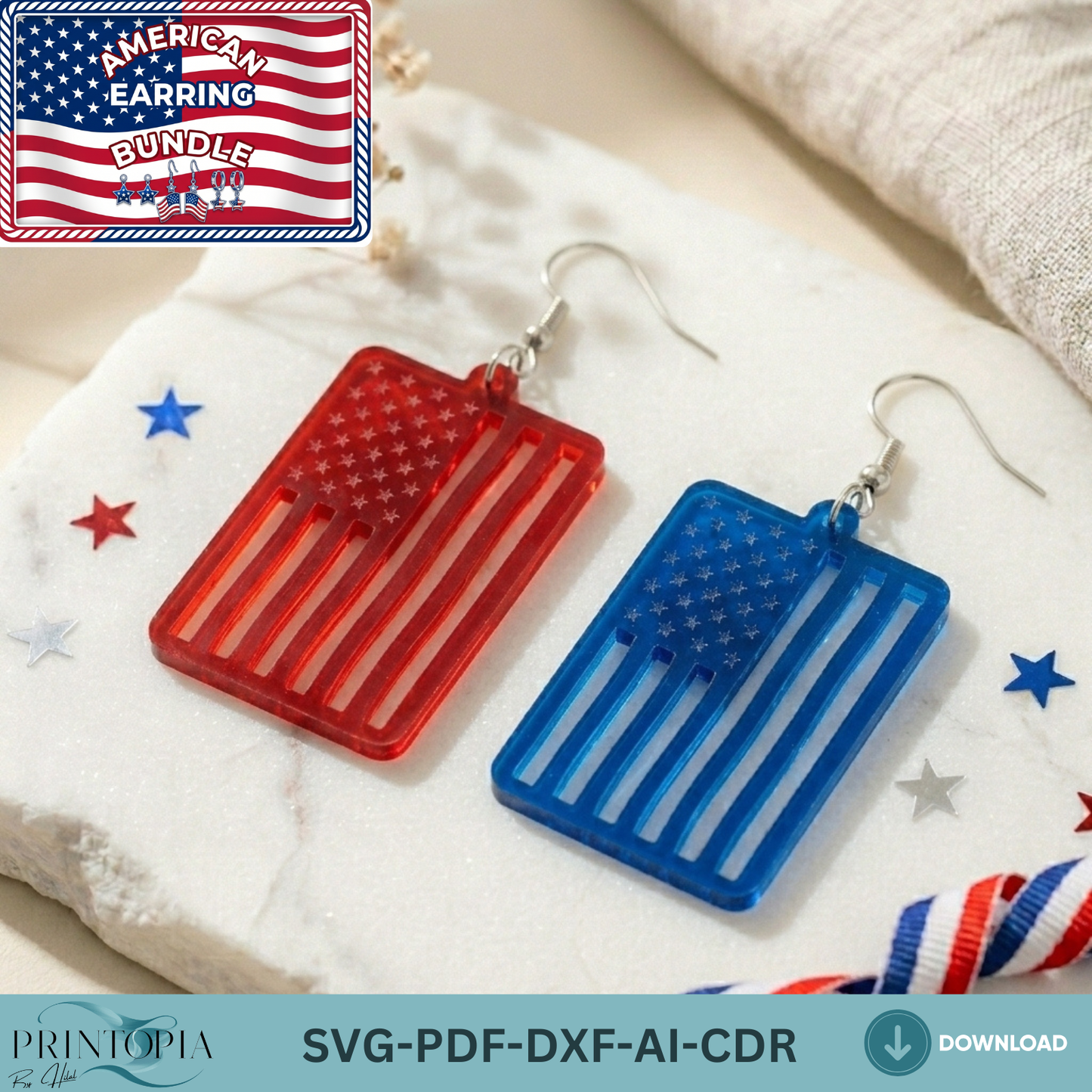 Patriotic Earring Laser Cut Design, Fourth of July American Flag Jewelry Template, USA Stars Independence Day