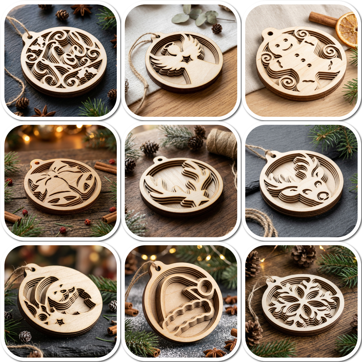 9 Multilayer Christmas Ornaments, Rustic Wood Tree Hanging Decorations, Gingerbread Santa Bell Gift