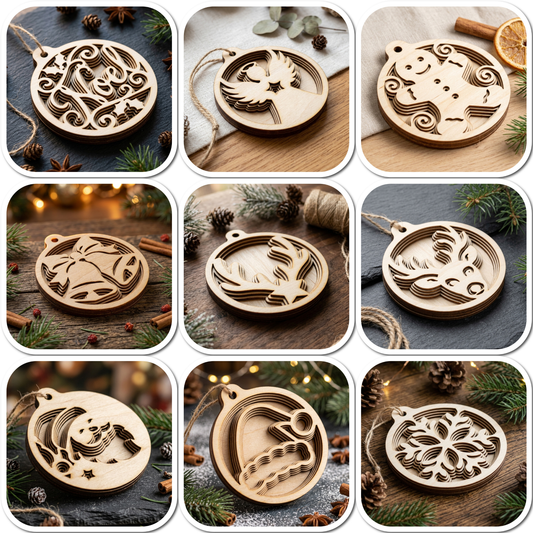 9 Multilayer Christmas Ornaments, Rustic Wood Tree Hanging Decorations, Gingerbread Santa Bell Gift