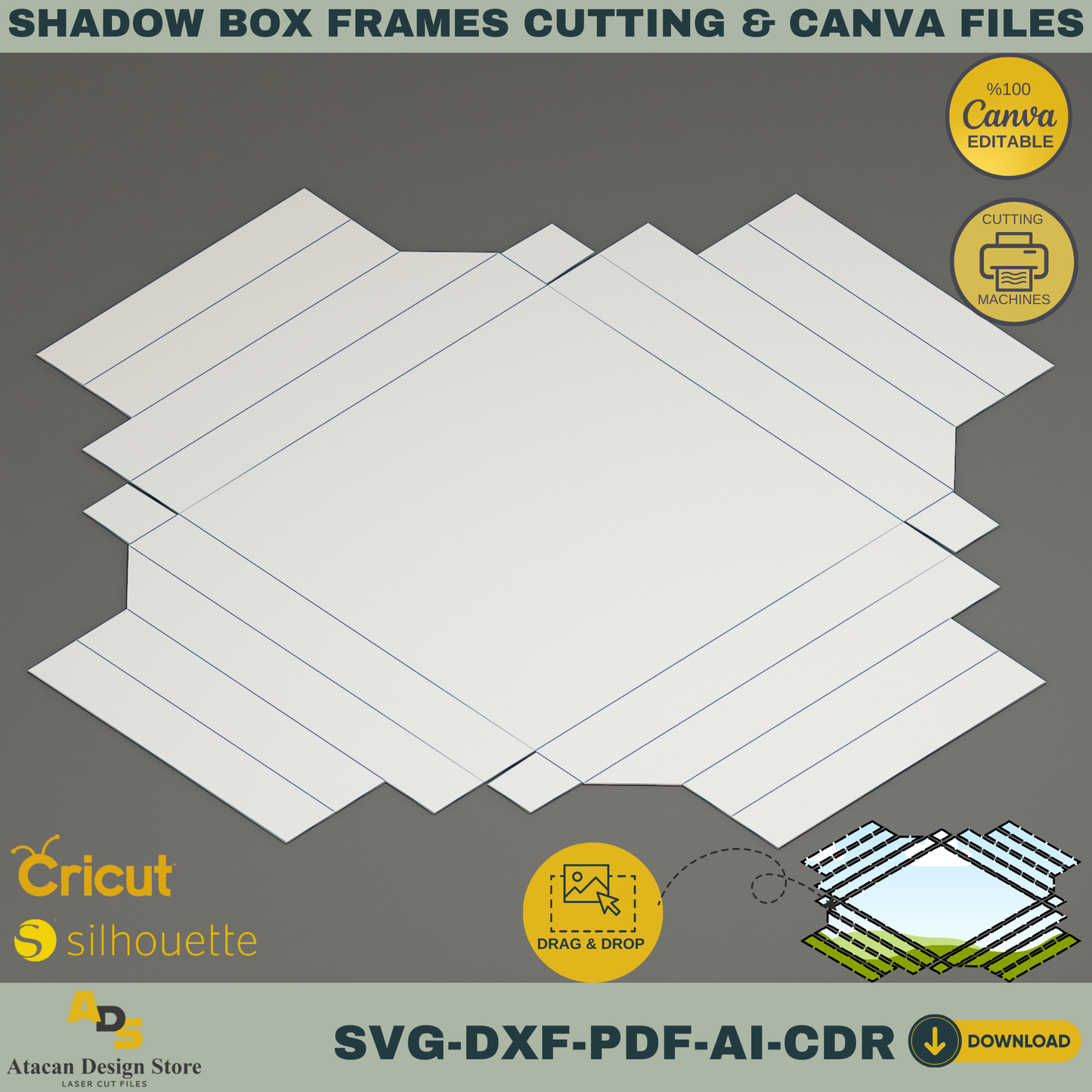 Shadow Box Frame Cutting Template Set | 8 Sizes svg, DXF, PDF, ai, CDR Files | Cricut & Silhouette Compatible | Canva Editable Design 766