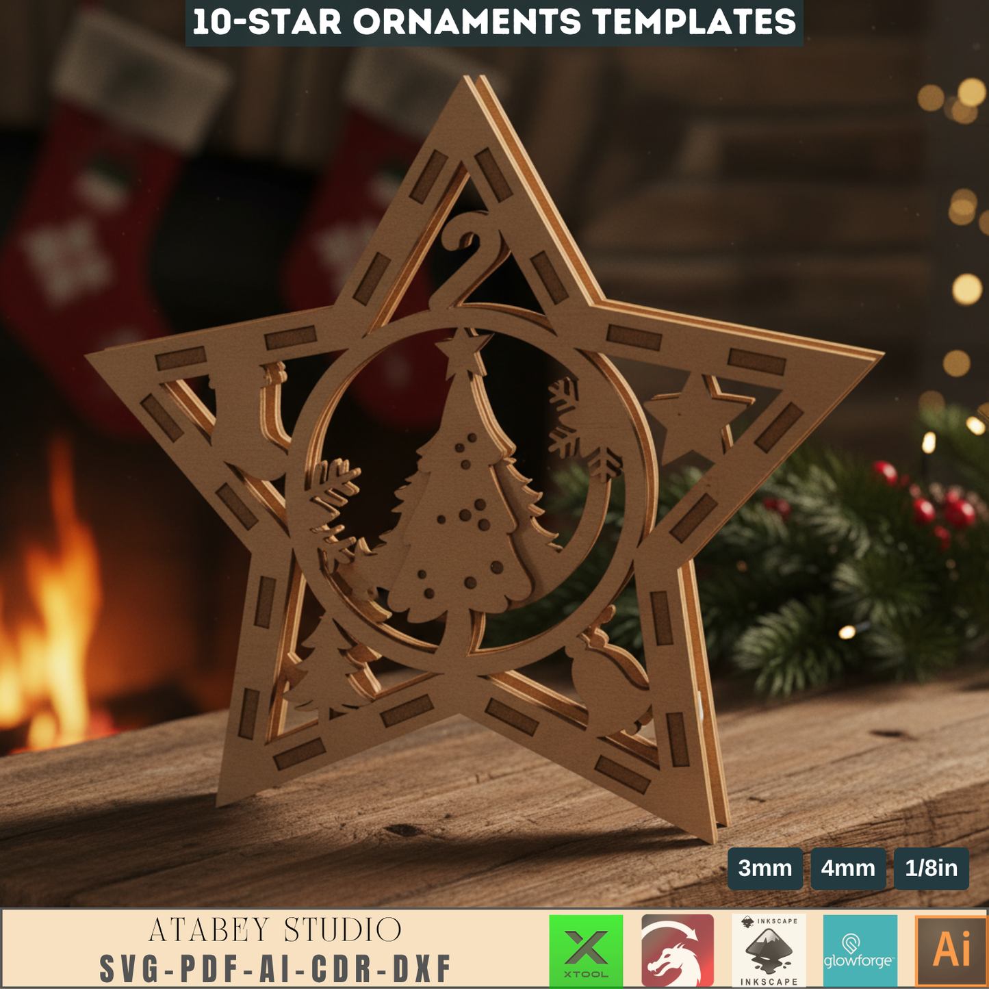 3D Christmas Star Ornament Laser Cut Files for Wood & Acrylic Holiday Tree Decorations 959
