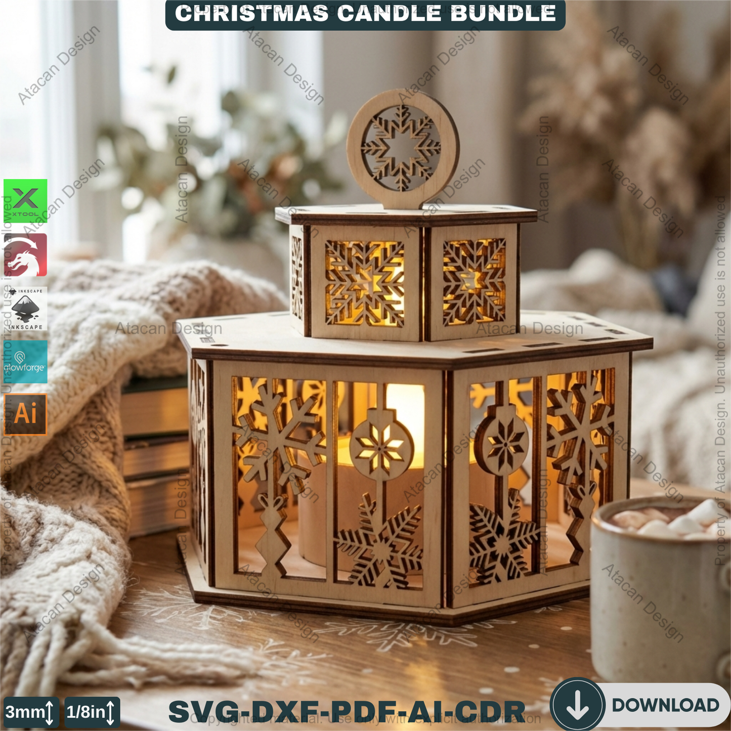 Christmas Candle Holder Bundle / Tealight Stands With Lid / Lantern Tabletop Decor / Holiday Ornaments 923
